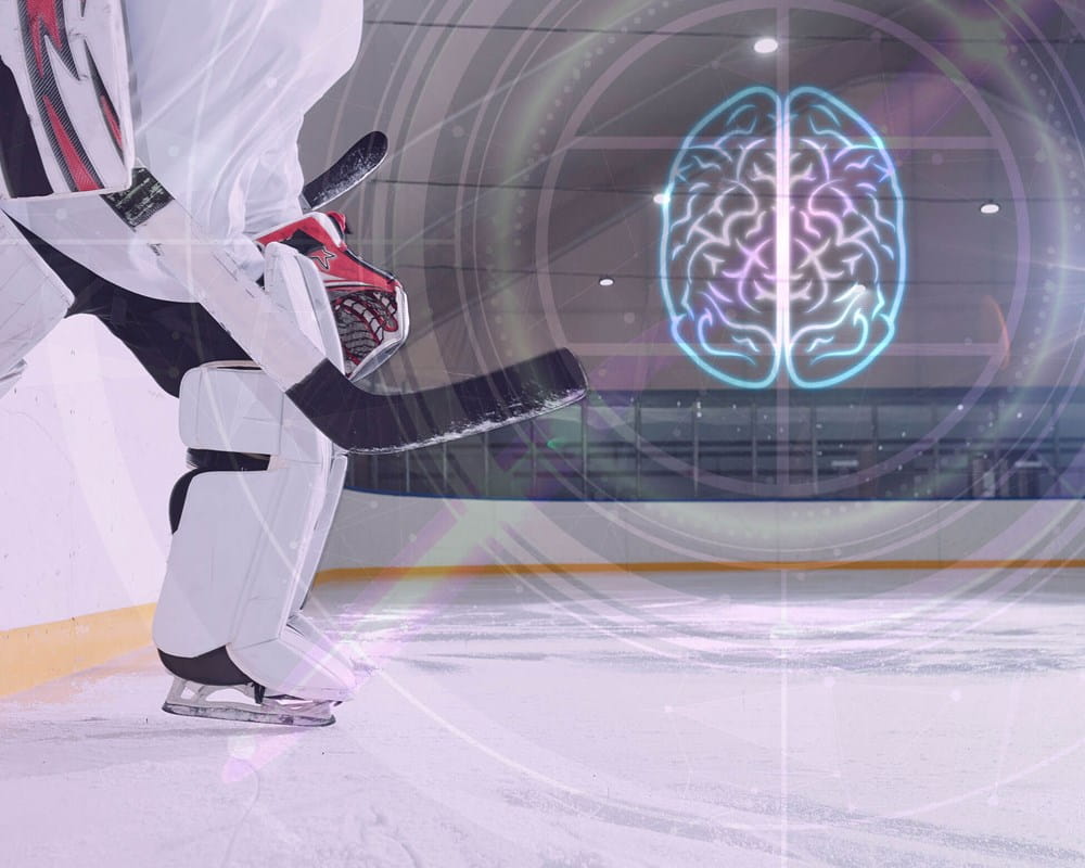 Illustration showing brain scan over picture of hockey player stepping onto ice rink