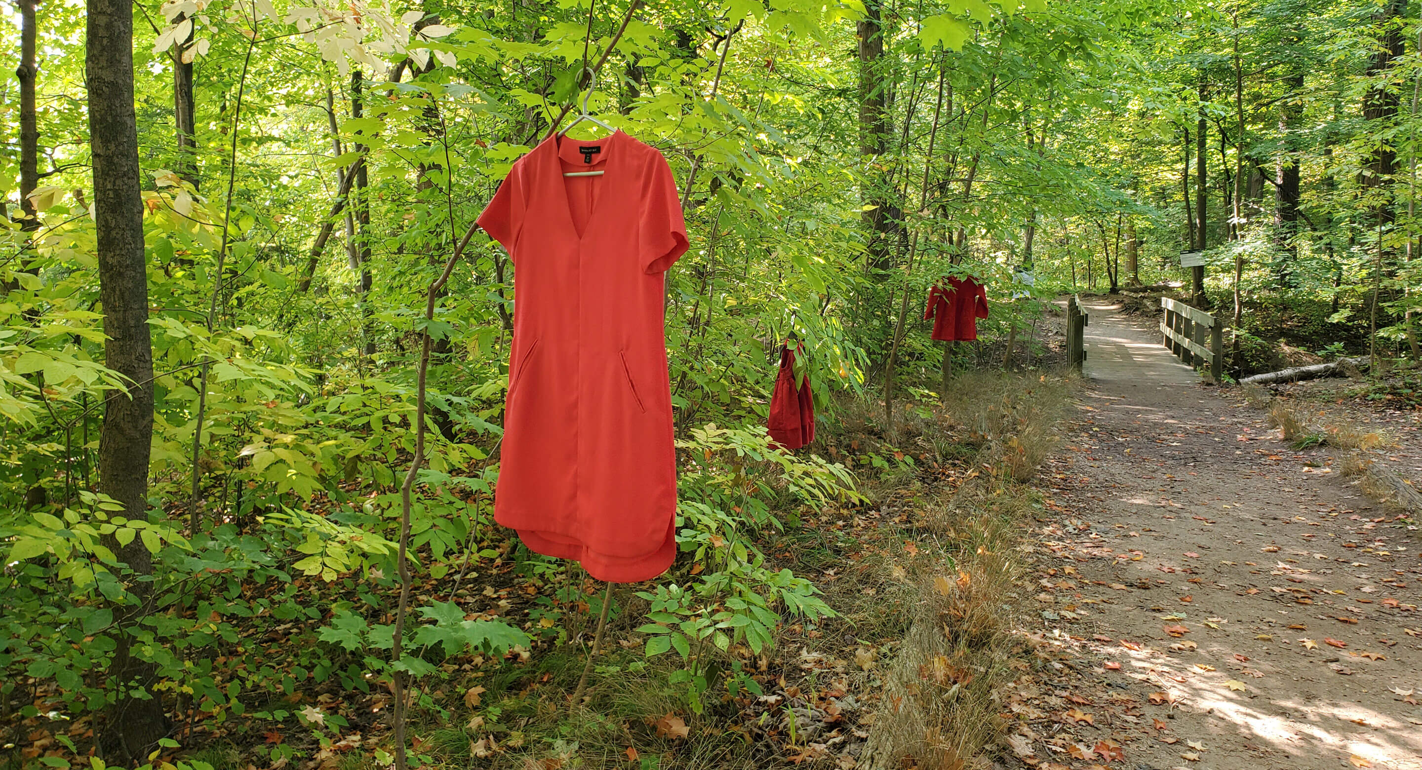 Red dresses hanging from trees