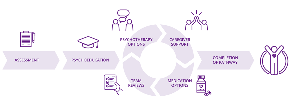 CARIBOU Pathway: 1. Assessment | 2. Psychoeducation | 3. Psychotherapy options | 4. Caregiver support | 5. Medication recommendations | 6. Team Reviews | 7. Completion of Pathway