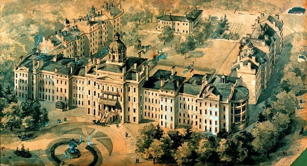 A watercolor painting of the Provincial Lunatic Asylum in the early 1900s
