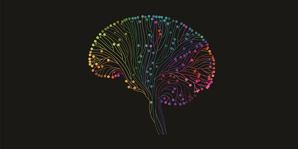 A colourful illustration of a brain  on a black background.