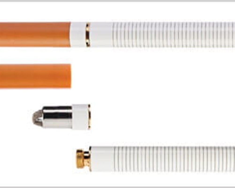 An e-cigarette and it's separate parts beneath it on a white background.