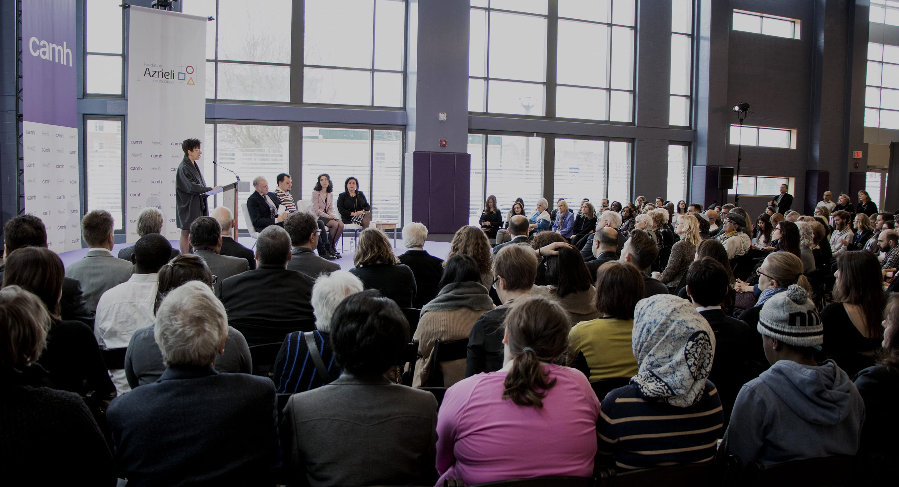 President and CEO Dr. Catherine Zahn and the panelists address the crowd at the Azrieli Centre opening event 