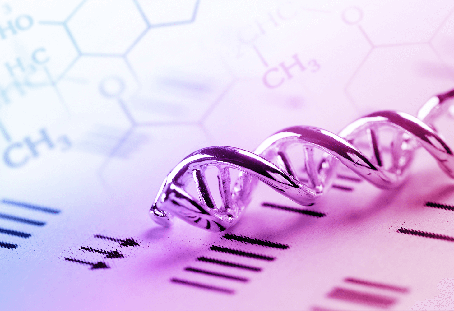 3D illustration of DNA sitting on images showing genetic data and molecular composition