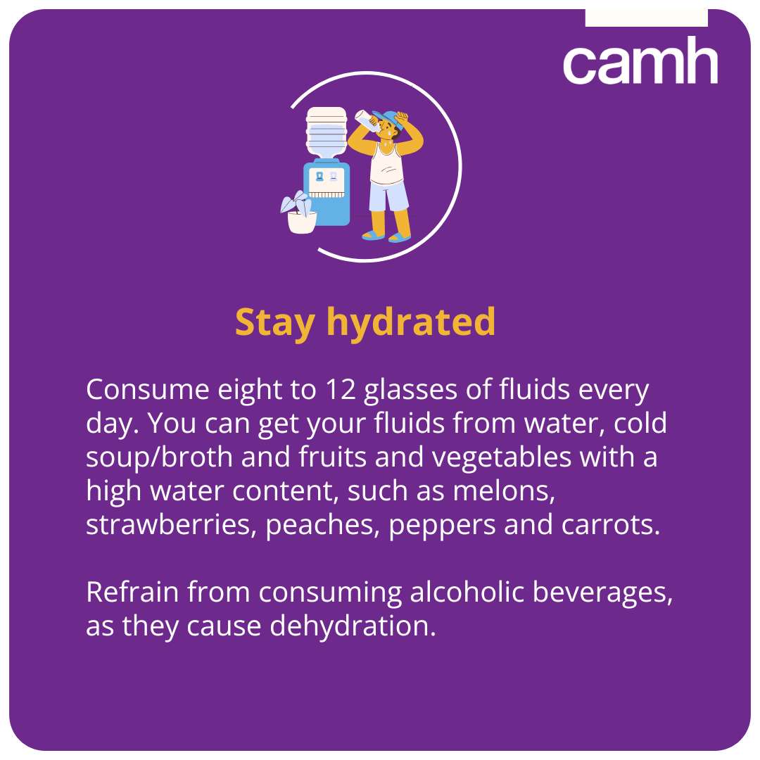 Stay in touch with your friends and family every day to update them on your well-being. Keep an eye out for heat alerts and follow the advice provided by Environment Canada or your local public health authority.  If someone is exhibiting the signs of heat stroke (i.e., confused, hot, dry or sweating profusely, muscle cramps, rash, fainting or unconscious, seizure) call 911 immediately.
